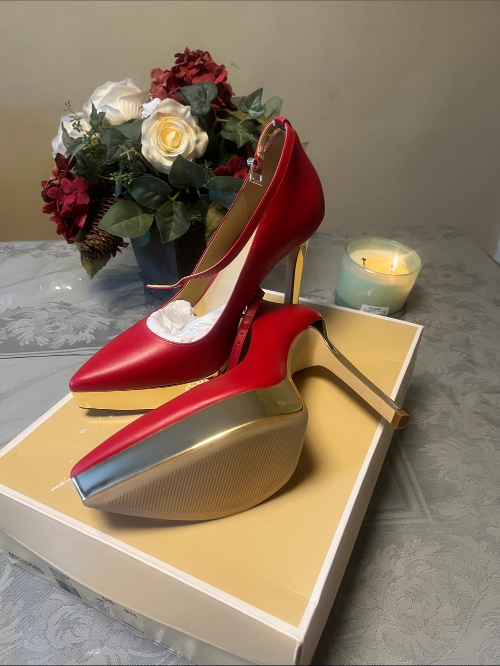 Michael Kors Women's Red Pointed-Toe Mary Jane Heels with Gold Platform(new) - Picture 6 of 8